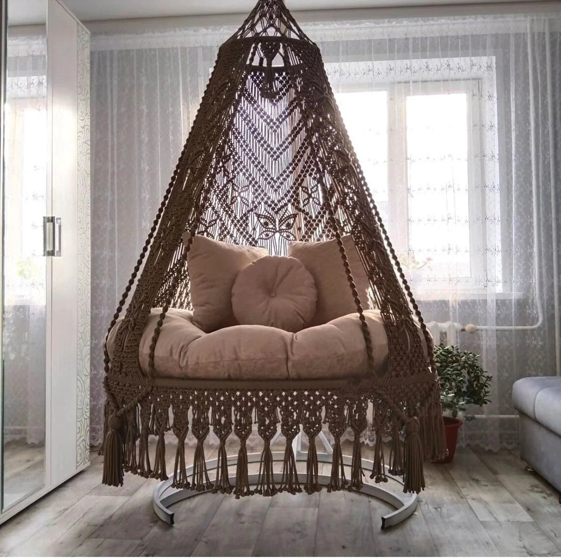 Coffee Woven Cotton Swing Chair
