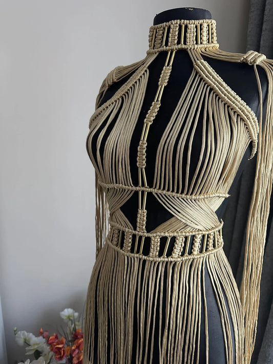 Luxury Boho Macrame Dress – Golden Earth Tone with Fringe Detailing