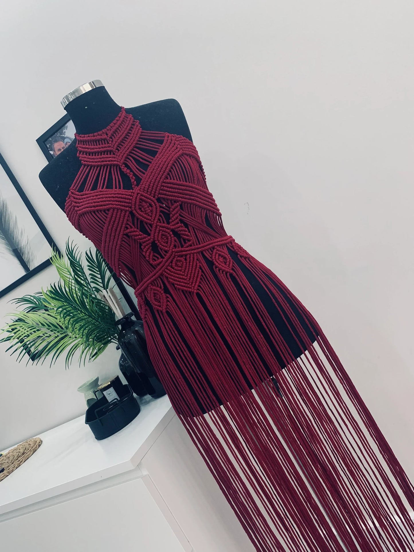 Handmade Macrame Dress - Wine Red Elegance