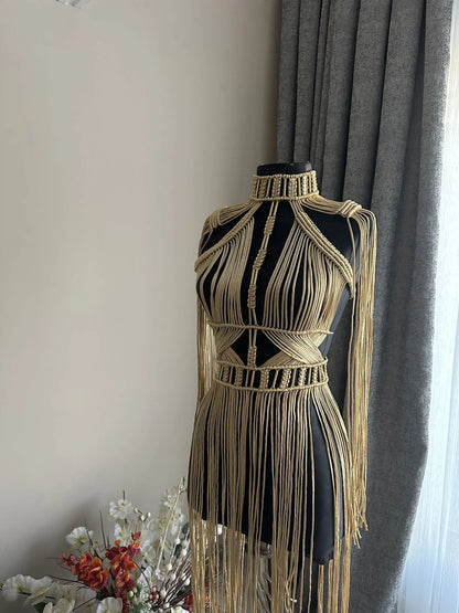 Luxury Boho Macrame Dress – Golden Earth Tone with Fringe Detailing