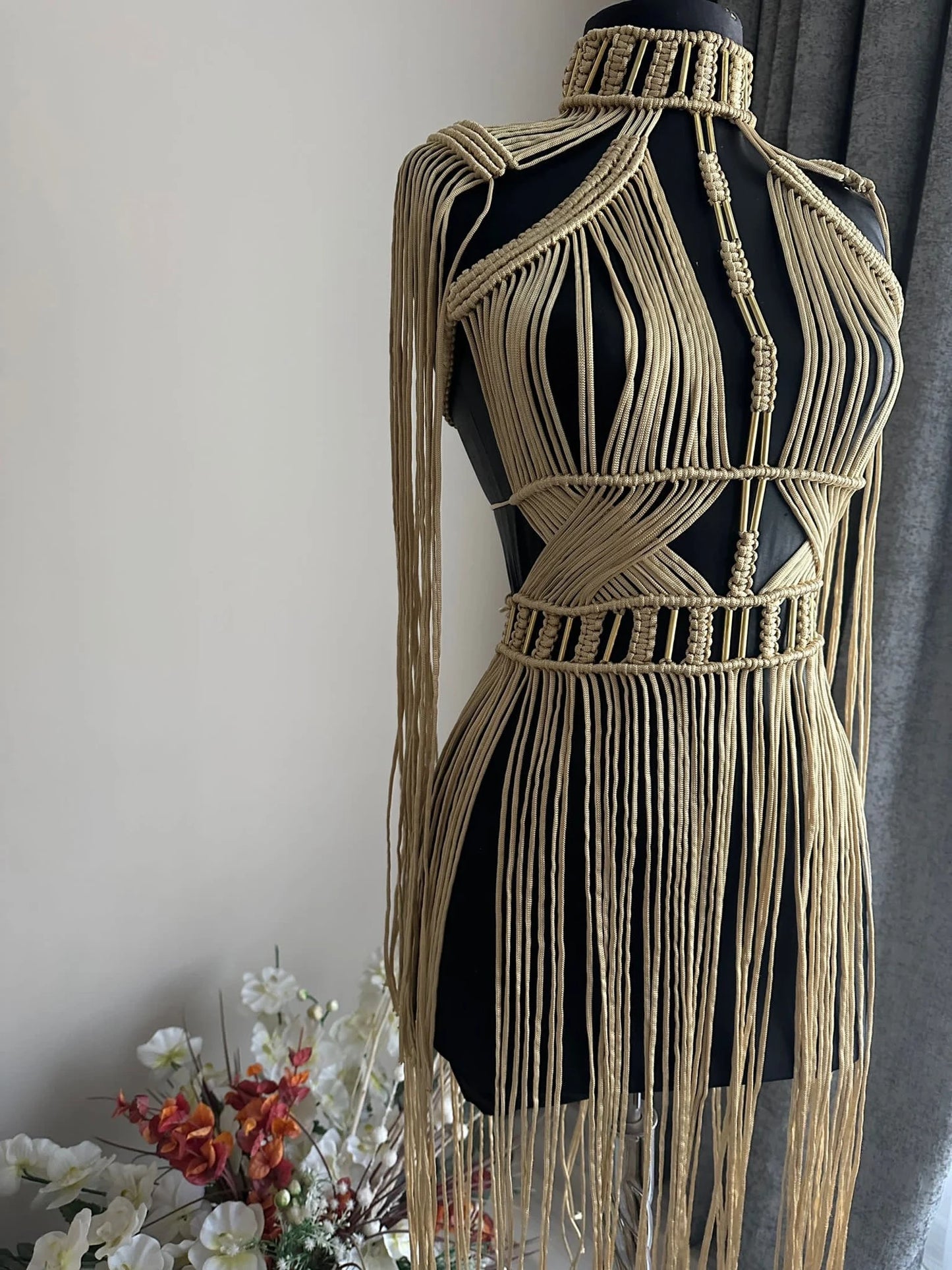 Luxury Boho Macrame Dress – Golden Earth Tone with Fringe Detailing