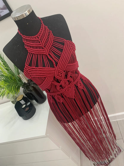 Handmade Macrame Dress - Wine Red Elegance