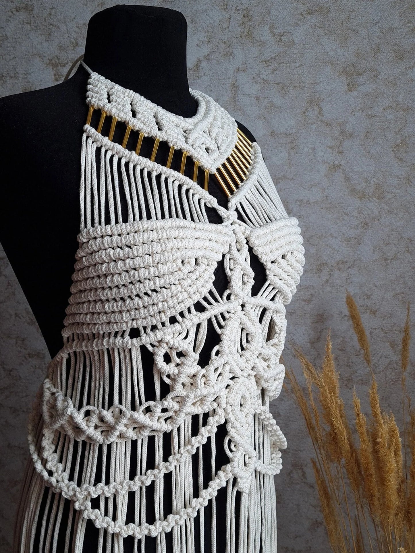 Elegant Beige Macrame Dress with Gold Accents – Handmade Boho Chic