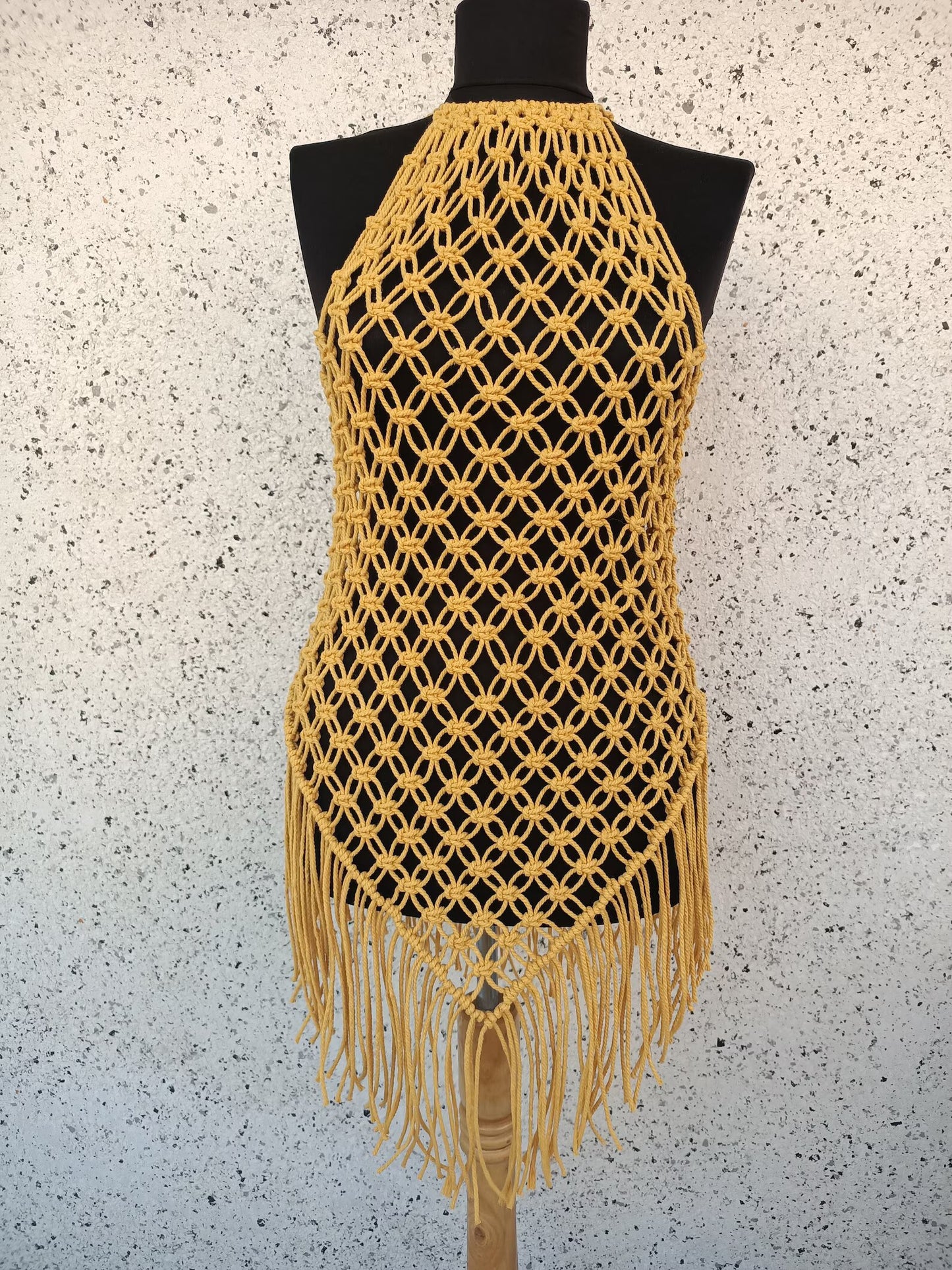 Handcrafted Mustard Yellow Macrame Dress – Boho Chic Beachwear