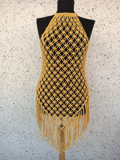 Handcrafted Mustard Yellow Macrame Dress – Boho Chic Beachwear