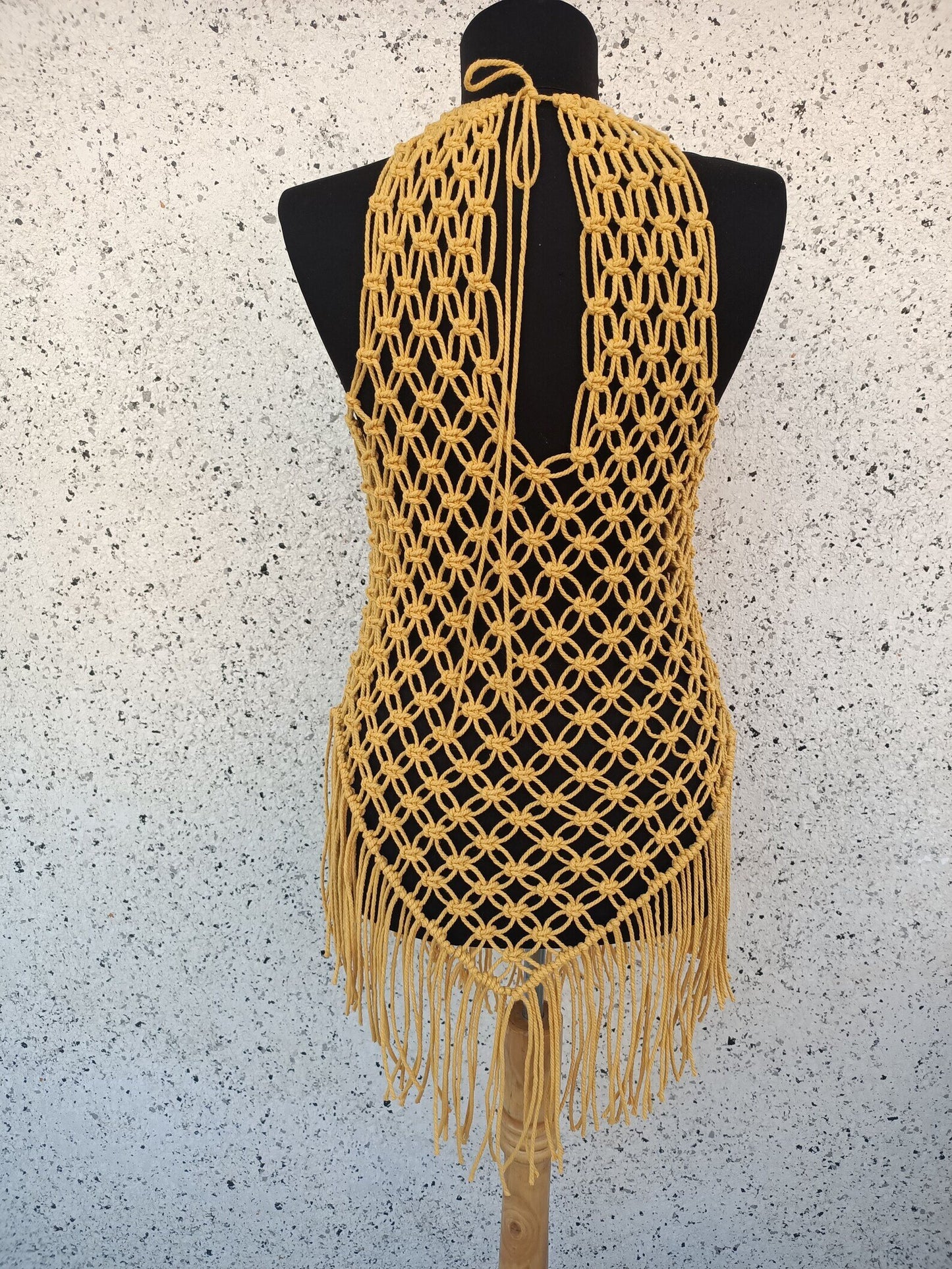 Handcrafted Mustard Yellow Macrame Dress – Boho Chic Beachwear