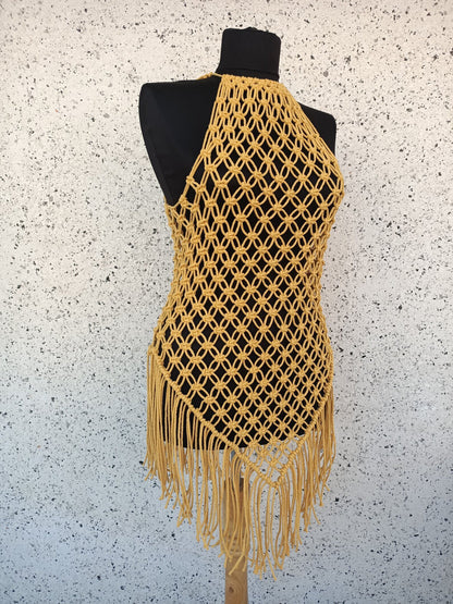 Handcrafted Mustard Yellow Macrame Dress – Boho Chic Beachwear