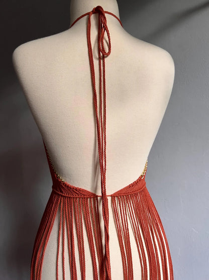 Rust Boho Macrame Dress – Handmade Fringe Statement Piece