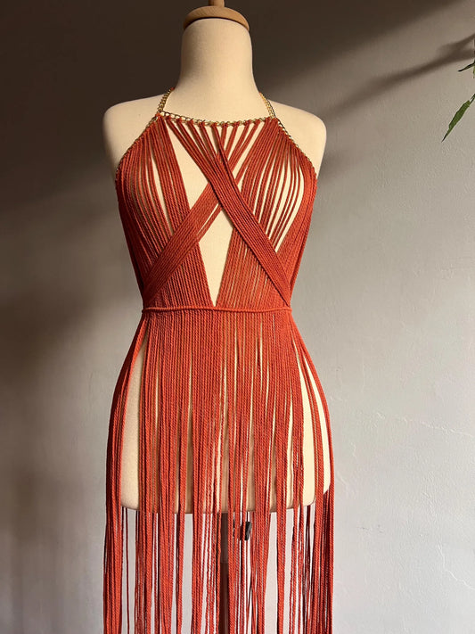 Rust Boho Macrame Dress – Handmade Fringe Statement Piece