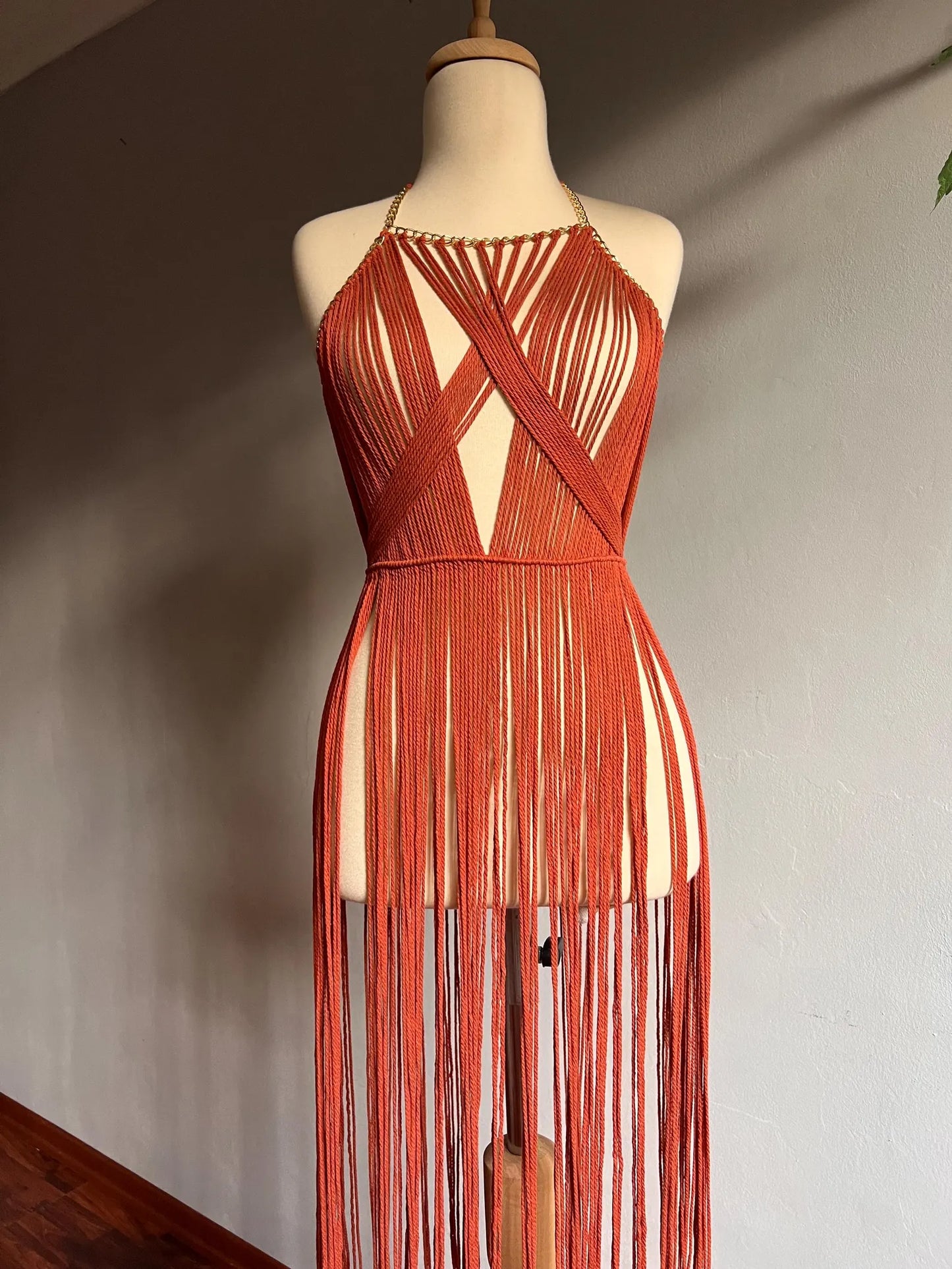 Rust Boho Macrame Dress – Handmade Fringe Statement Piece