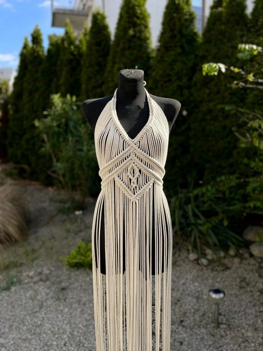 Handmade Macrame Dress - Boho Chic Beige