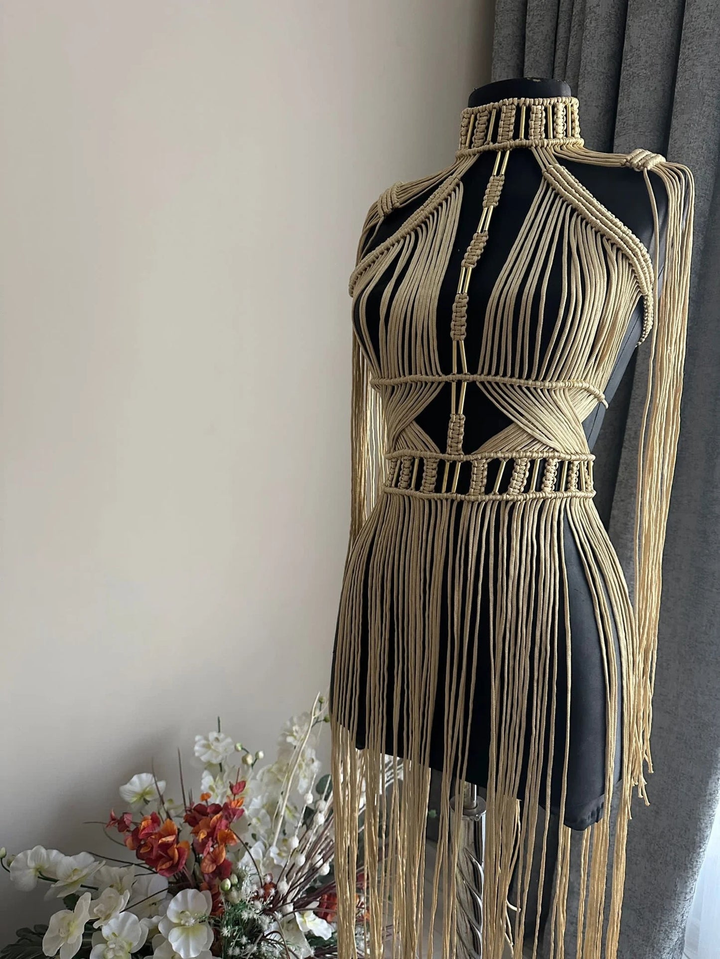 Luxury Boho Macrame Dress – Golden Earth Tone with Fringe Detailing