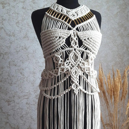 Elegant Beige Macrame Dress with Gold Accents – Handmade Boho Chic