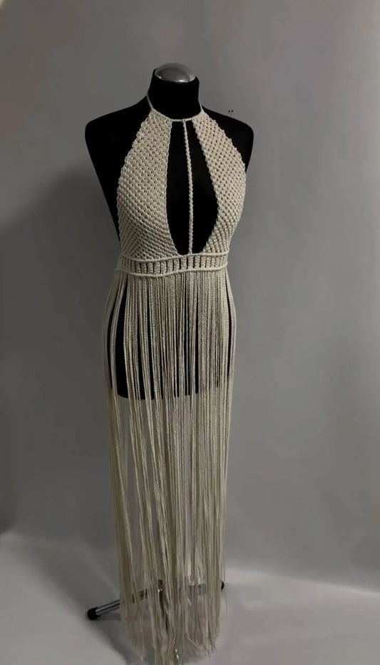 Boho Chic Ivory Macrame Dress – Handmade Festival & Beachwear