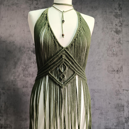 Handmade Macrame Dress - Olive Green Grace