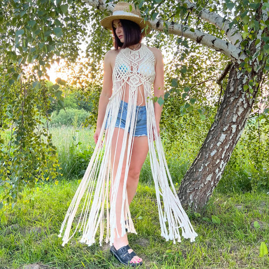 Bohemian White Macrame Fringe Dress – Festival & Beachwear