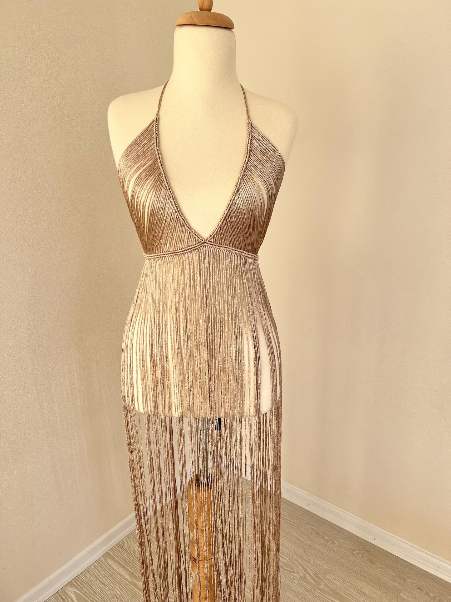 Handcrafted Nude Beige Macrame Fringe Dress – Bohemian Glamour