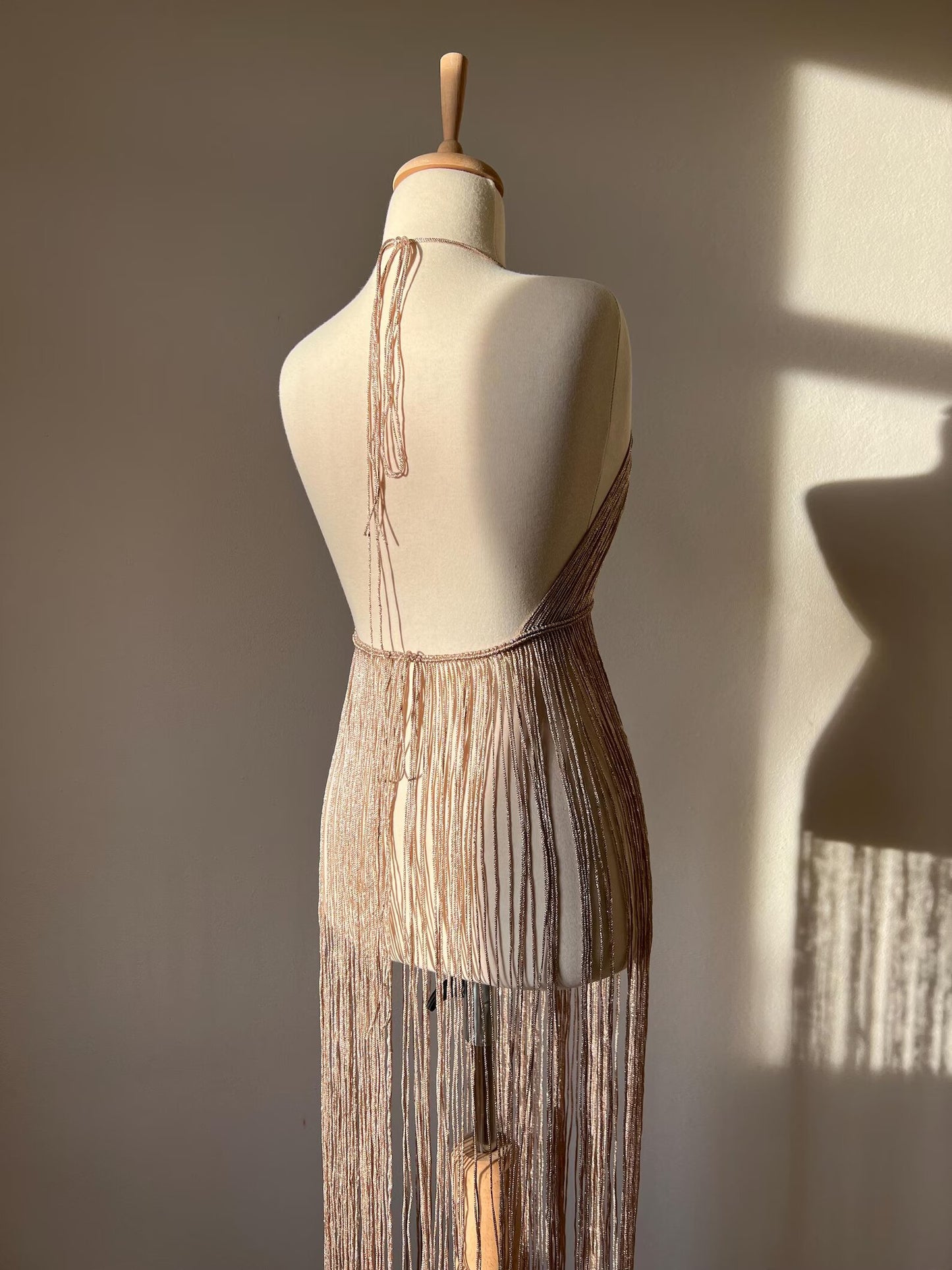 Handcrafted Nude Beige Macrame Fringe Dress – Bohemian Glamour