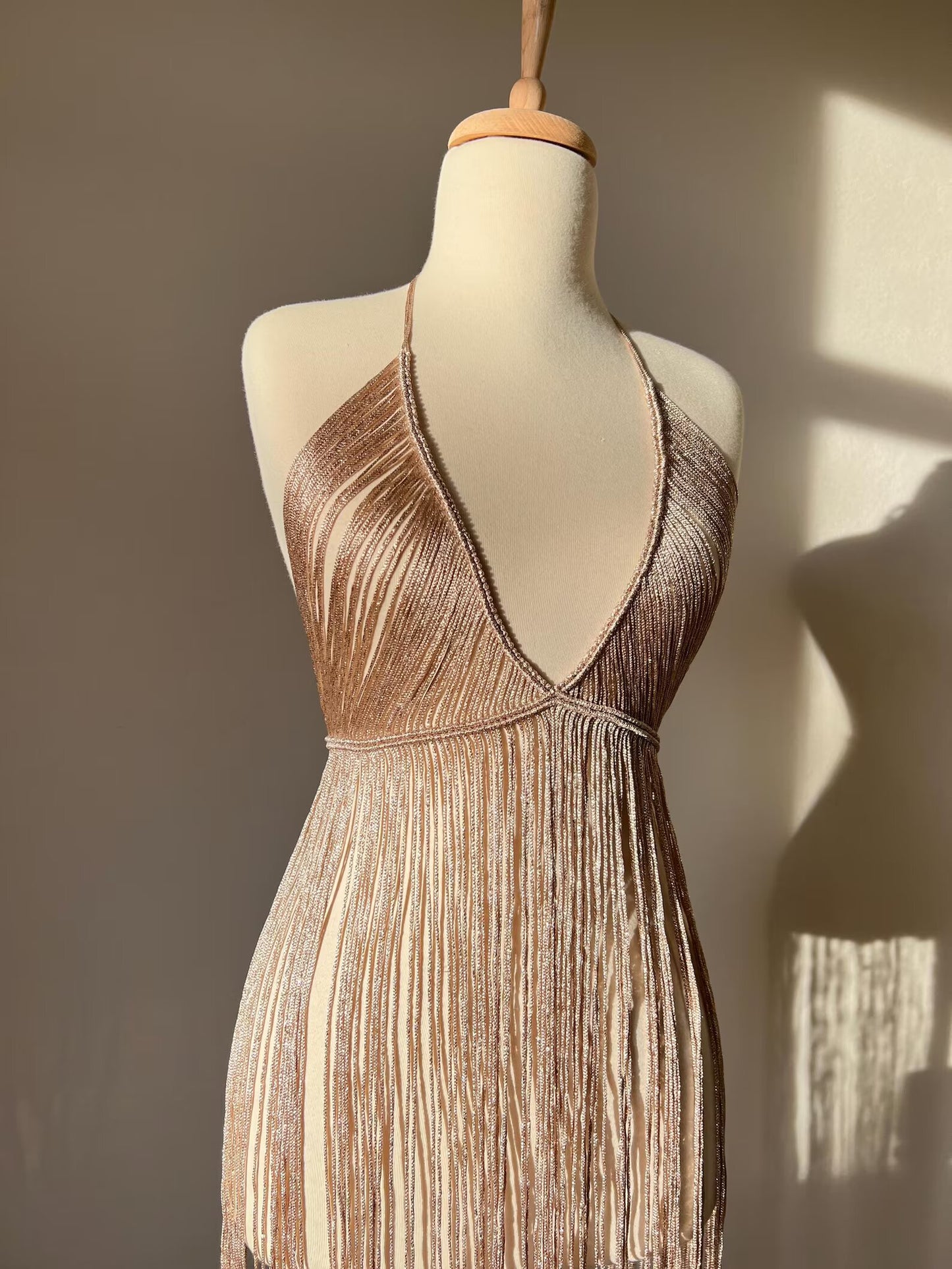 Handcrafted Nude Beige Macrame Fringe Dress – Bohemian Glamour