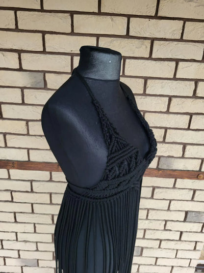 Handmade Macrame Dress - Obsidian Black