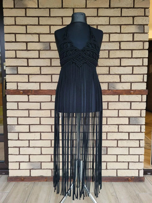 Handmade Macrame Dress - Obsidian Black