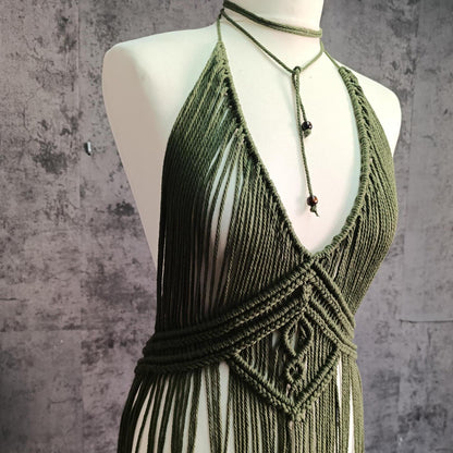 Handmade Macrame Dress - Olive Green Grace