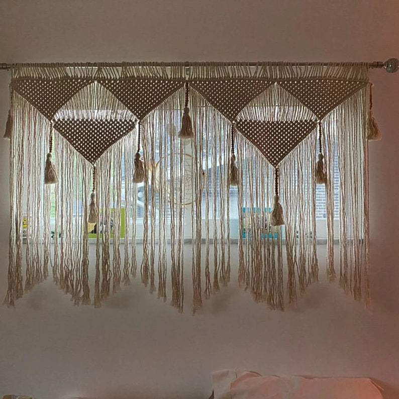 Handwoven  Short White Macrame Window Curtains