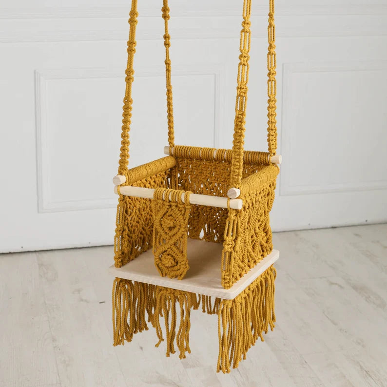 Boho Baby Swing – Handmade Cotton & Wooden Chair