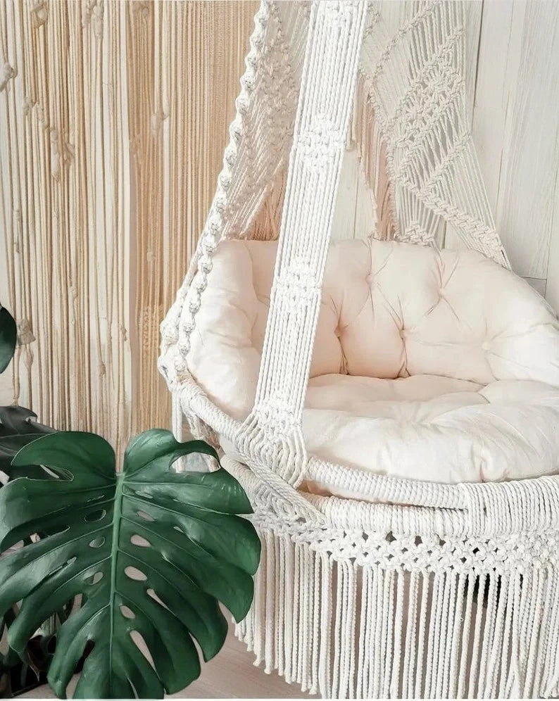 White Snowy Macrame Swing with backrest for adults
