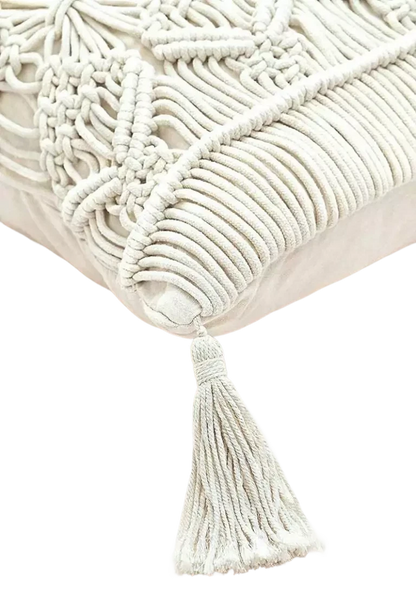 White Bohemian Macrame Accent Cushion